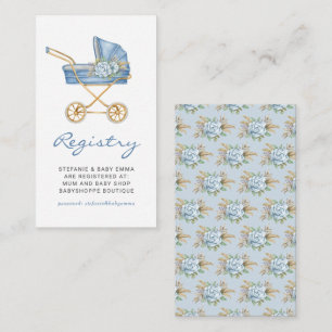 Blauw  kinderwagen Floral Baby shower Registry Informatiekaartje