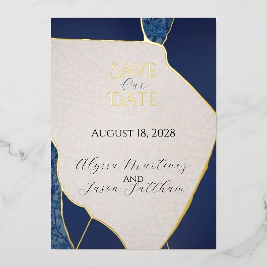 Blauw Kintsugi Geïnspireerde Folie Save the Date Uitnodiging (Voorkant)