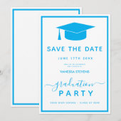 Blauw Klassiek Afstuderen Bewaar de Datum Save The Date (Voorkant / Achterkant)
