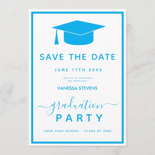 Blauw Klassiek Afstuderen Bewaar de Datum Save The Date (Voorkant)