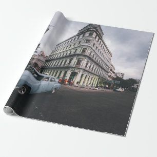 Blauw Klassieke Vintage Car Cityscape Cadeaupapier