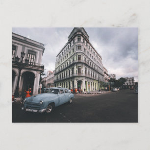 Blauw Klassieke Vintage Car Cityscape Feestdagenkaart