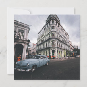 Blauw Klassieke Vintage Car Cityscape Feestdagenkaart