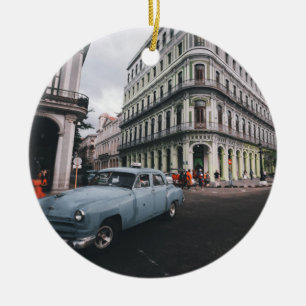 Blauw Klassieke Vintage Car Cityscape Keramisch Ornament