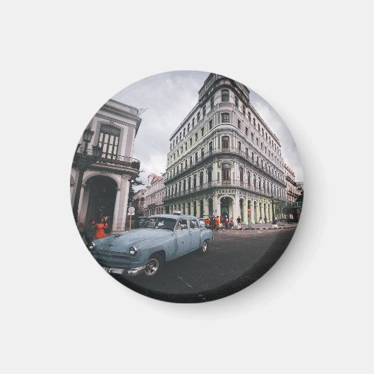 Blauw Klassieke Vintage Car Cityscape Magneet (Voorkant)