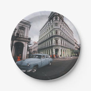 Blauw Klassieke Vintage Car Cityscape Papieren Bordje