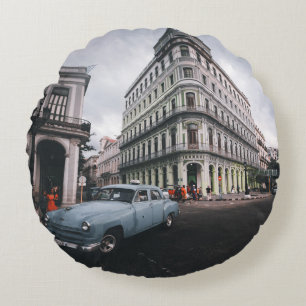 Blauw Klassieke Vintage Car Cityscape Rond Kussen