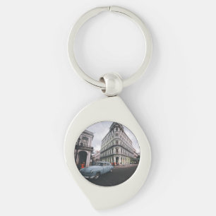 Blauw Klassieke Vintage Car Cityscape Sleutelhanger