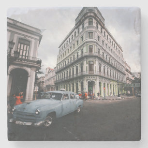 Blauw Klassieke Vintage Car Cityscape Stenen Onderzetter