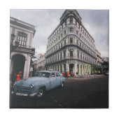 Blauw Klassieke Vintage Car Cityscape Tegeltje (Voorkant)