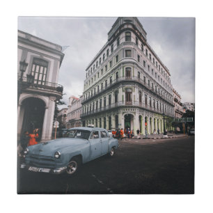 Blauw Klassieke Vintage Car Cityscape Tegeltje