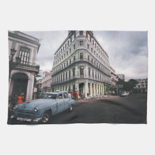 Blauw Klassieke Vintage Car Cityscape Theedoek