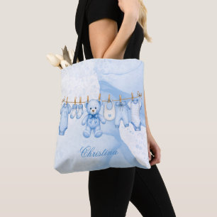 Blauw kledingrek met teddybeer baby shower tote bag