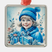  blauw klein meisje kerst gepersonaliseerd metalen ornament (Voorkant)