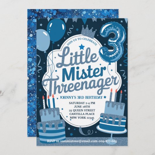 Blauw Klein Meneer Threenager Uitnodiging voor Jon (Voorkant / Achterkant)