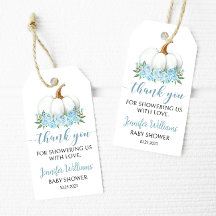 Blauw klein pompoen baby boy douche dank u labels