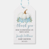 Blauw klein pompoen baby boy douche dank u labels cadeaulabel (Voorkant)