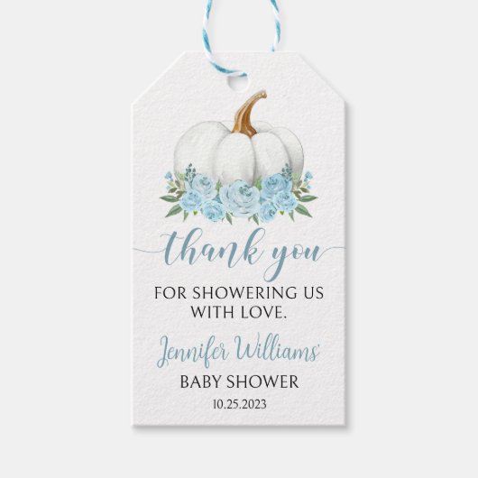 Blauw klein pompoen baby boy douche dank u labels cadeaulabel (Voorkant)
