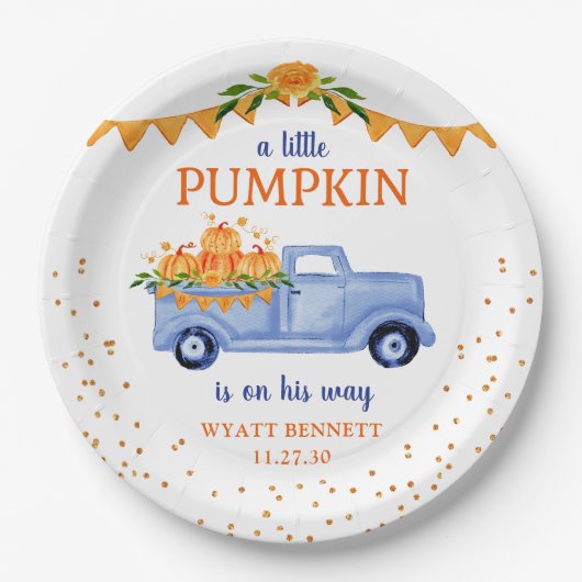 Blauw Klein Pompoen Baby Shower Papieren Bord (Voorkant)