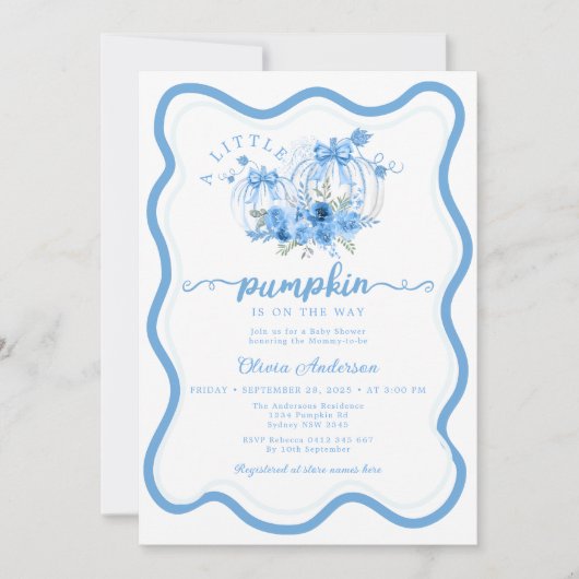 Blauw Klein Pompoen Bow Wave Lijst Baby shower Kaart (Voorkant)