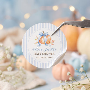 Blauw Klein Pompoen Herfst Baby Shower Papier Stic Ronde Sticker