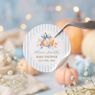 Blauw Klein Pompoen Herfst Baby Shower Papier Stic Ronde Sticker
