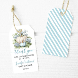 Blauw klein pompoen jongen baby shower dank u labe cadeaulabel