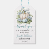 Blauw klein pompoen jongen baby shower dank u labe cadeaulabel (Voorkant)