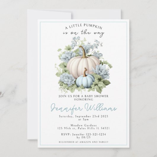 Blauw klein pompoen jongen baby shower uitnodiging (Voorkant)