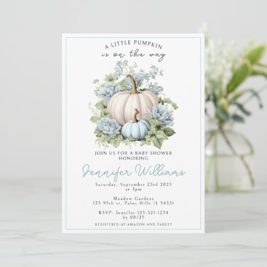 Blauw klein pompoen jongen baby shower uitnodiging (Staand voorkant)