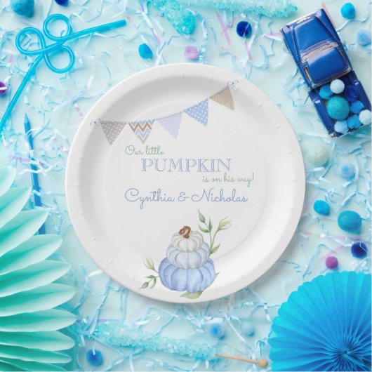 Blauw Klein Pompoen Patch Boy Baby shower Papieren Bordje (Feest)