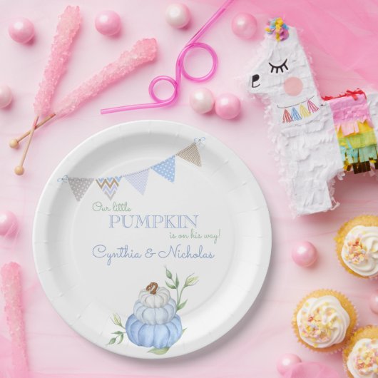 Blauw Klein Pompoen Patch Boy Baby shower Papieren Bordje (Feest)