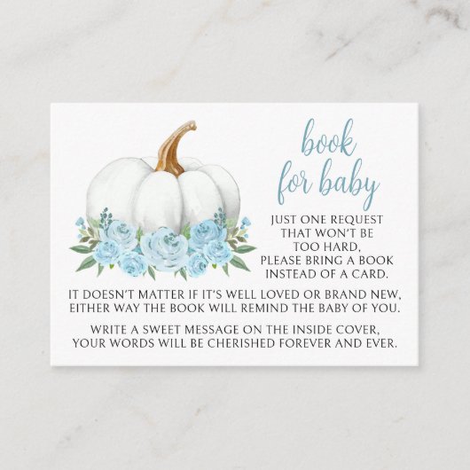 Blauw klein pompoenboek voor baby boy douche informatiekaartje (Voorkant)