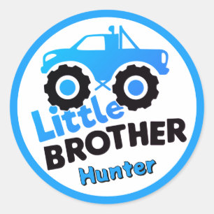 Blauw Kleinere Broer Monstertruck Aangepaste Naam Ronde Sticker