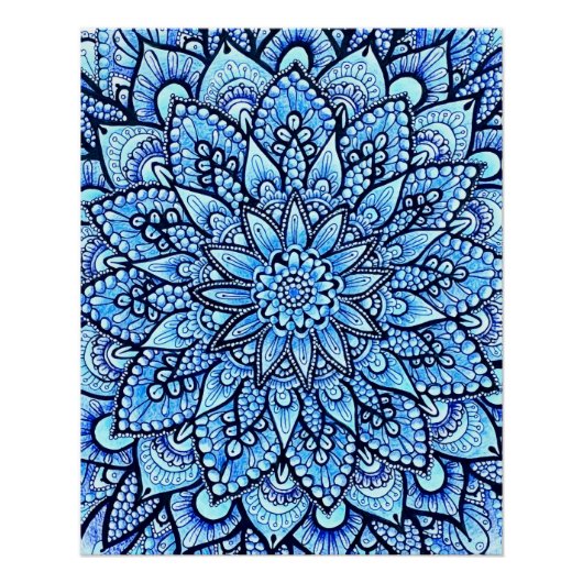 Blauw Kleur Potlood Mandala Ontwerp Glanzende Post Perfect Poster (Voorkant)