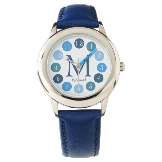 Blauw Kleurenpalet Leuk Monogram Horloge voor Jong (Voorkant)