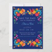 Blauw & kleurrijk Fiesta Floral Save the Date kaar Kaart (Voorkant)