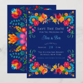 Blauw & kleurrijk Fiesta Floral Save the Date kaar Kaart (Voorkant / Achterkant)