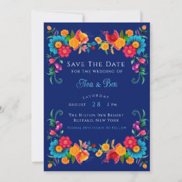 Blauw & kleurrijk Fiesta Floral Save the Date kaar Kaart