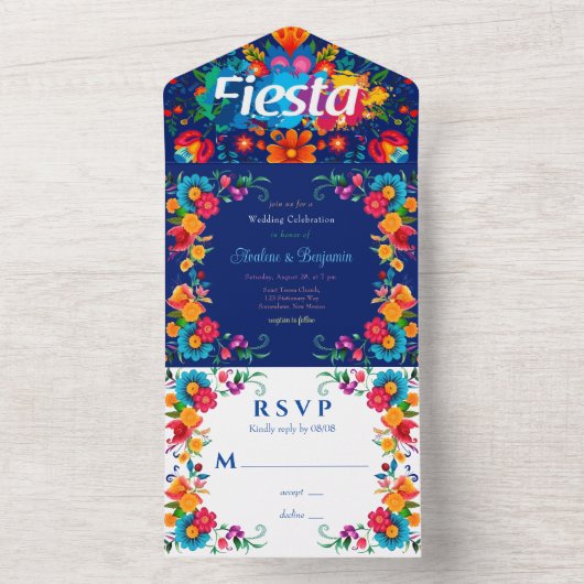 Blauw Kleurrijke Mexicaanse Fiesta bruiloft All In One Uitnodiging (Binnen)