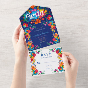 Blauw Kleurrijke Mexicaanse Fiesta bruiloft All In One Uitnodiging
