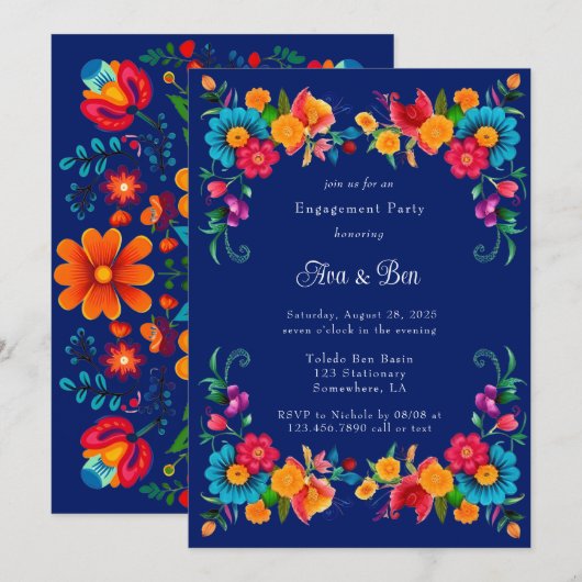 Blauw Kleurrijke Mexicaanse Fiesta Engagement Part Kaart (Voorkant / Achterkant)