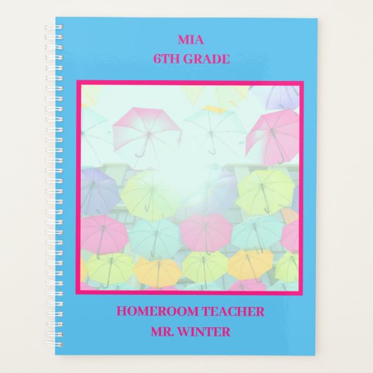 Blauw Kleurrijke Paraplu's School Classroom Planner (Voorkant)