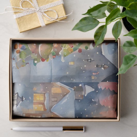 Blauw Kleurrijke Waterverf Decoupage Winter Scene Tissuepapier (Geschenk)