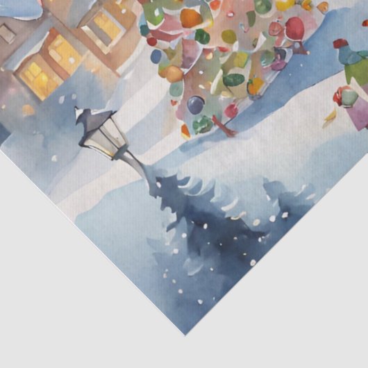 Blauw Kleurrijke Waterverf Decoupage Winter Scene Tissuepapier (Detail)