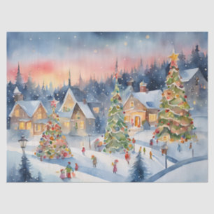 Blauw Kleurrijke Waterverf Decoupage Winter Scene Tissuepapier