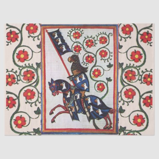 BLAUW KNIGHT MET ROSES MEDIEVAL MINIATUM TISSUEPAPIER (Voorkant)