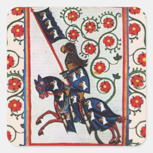 BLAUW KNIGHT MET ROSES MEDIEVAL MINIATUM VIERKANTE STICKER
