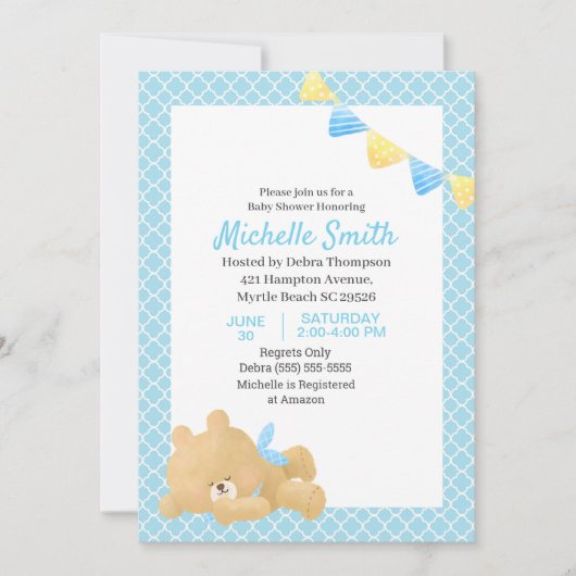 Blauw Knuffel Beer Jongen Baby Shower       Kaart (Voorkant)