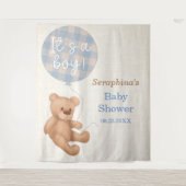 Blauw Knuffelbeer Baby Shower Achtergronddoek Wandkleed (Voorkant)
